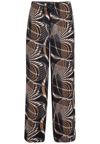 Vidbyxlade byxor med svart, brunt, grått och vitt abstrakt virvelmönster och elastisk midjeband med knytbart snöre.