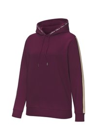 Bordeaux hoodie met een trekkoord capuchon. Heeft beige zijstrepen en een gemerkte lus halslijn. Gemaakt van zachte stof met ribbelmanchetten.