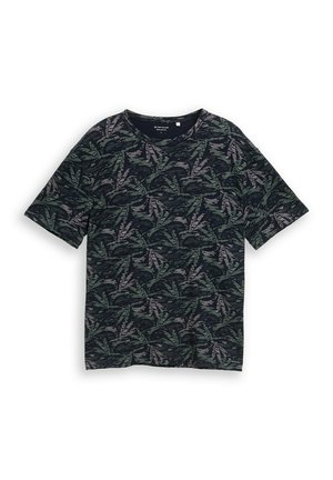 T-shirt sombre à manches courtes avec un motif abstrait de feuilles vertes et grises et un col rond.
