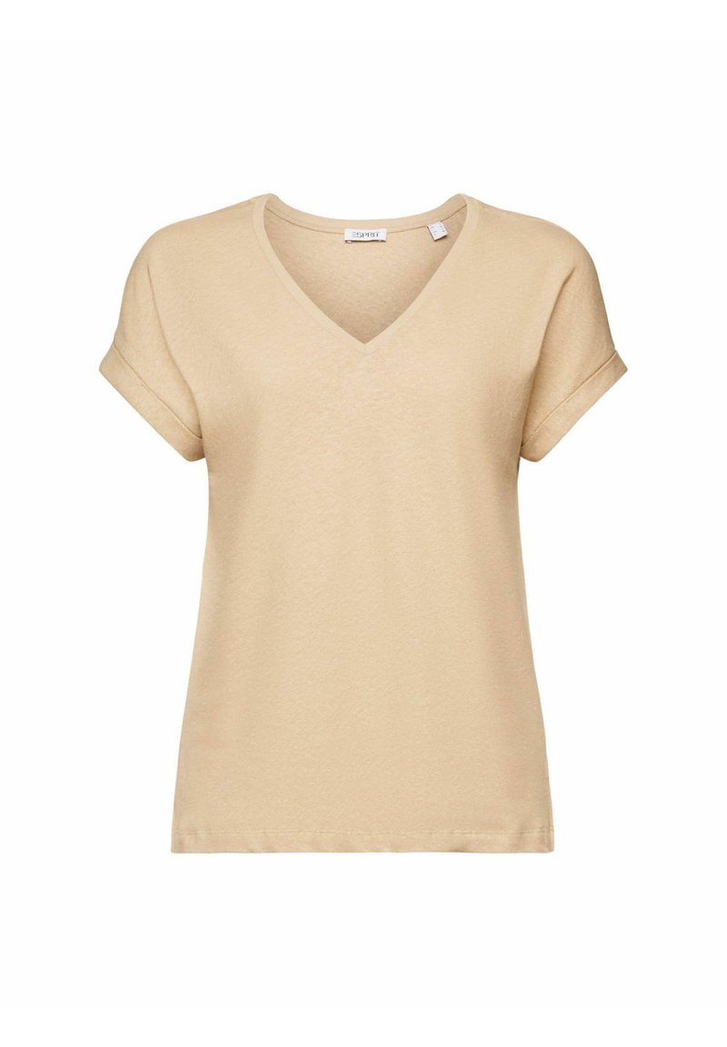 Beige V-Ausschnitt T-Shirt aus weichem Stoff, mit umgeschlagenen Kurzärmeln und einer entspannten Passform, glatter Oberfl äche und ohne Muster.