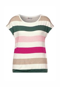 Kortärmad stickad topp med horisontella breda ränder i beige, mörkgrön, vit, rosa och magenta, med rund halsringning.