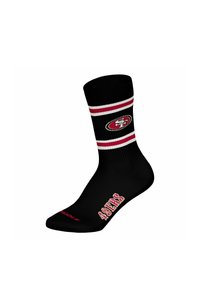 Chaussette noire mi-mollet avec des rayures rouges et blanches, logo San Francisco 49ers sur le mollet, et texte « 49ERS » sur le pied.