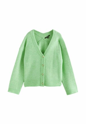 Cardigan verde lavorato a maglia con scollatura a V, chiusura con bottoni a forma di cuore e polsini e orlo a coste. Morbida al tatto, vestibilità comoda.