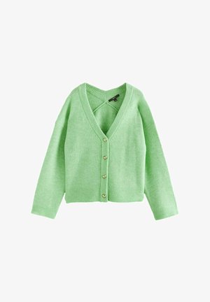 Grøn strikket cardigan med V-hals, knaplukning med hjerteformede knapper og ribbede manchetter og kant. Blød tekstur, afslappet pasform.