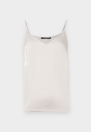 Valge satiinist kampsun õhukeste reguleeritavate rihmadega, lainelise kaelusega ja sileda tekstuuriga. Lihtne disain, sobib kihilise riietumise jaoks.