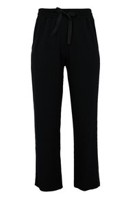 Schwarze, lässige Hose aus weichem Material mit einem elastischen Bund und Kordelzug sowie seitlichen Taschen für zusätzlichen Komfort.