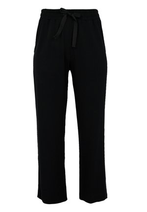 Black relaxed-fit pants made of soft material, featuring an elastic waistband with a drawstring and side pockets for convenience.