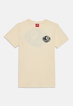 Cream-colored cotton t-shirt with short sleeves, featuring a black circular graphic with a number 8 and “Santa Cruz” text on the left chest.