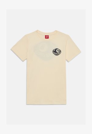 Cremefarbener Baumwoll-T-Shirt mit kurzen Ärmeln, ausgestattet mit einem schwarzen kreisförmigen Grafik, die die Zahl 8 und den Text "Santa Cruz" auf der linken Brust zeigt.