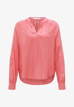 Blouse corail avec un col en V et un décolleté froncé. Manches longues avec des poignets boutonnés. Fabriquée dans un tissu doux et texturé. Ourlet droit.