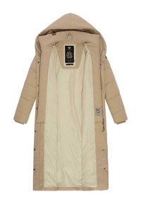 Beige gewatteerde jas met een capuchon, voorzien van een soepele crèmekleurige binnenvoering, een voorsluiting met rits, drukknoopjes en twee zijzakken.
