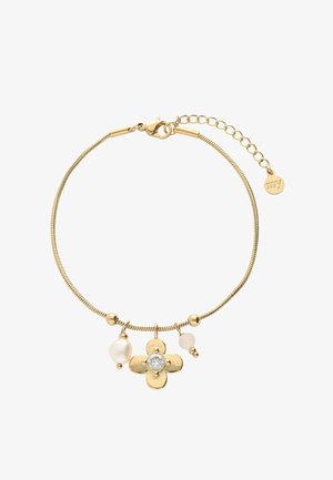 Goldenes Armband mit Schlangenkette, einem Blumenanhänger mit zentralem klarem Edelstein sowie zwei zusätzlichen Perlen- und Schmucksteinanhängern.