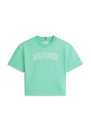 Μέντα πράσινο, κοντό t-shirt από βαμβάκι με στρογγυλή λαιμόκοψη. Διαθέτει το λογότυπο "HILFIGER" σε λευκά γράμματα στο στήθος. Κοντά μανίκια.