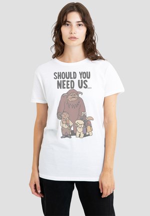 Weißes Baumwoll-T-Shirt mit einem Grafikdruck von vier Comicfiguren und dem Text "SHOULD YOU NEED US..." in Grau darüber.