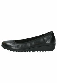 Black leather ballet flats with a rounded toe, slight heel, textured outsole, and smooth upper surface. Simple, streamlined design.