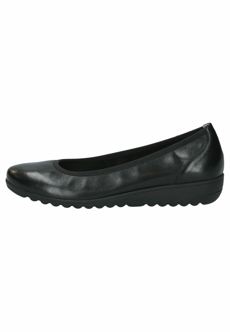 Black leather ballet flats with a rounded toe, slight heel, textured outsole, and smooth upper surface. Simple, streamlined design.