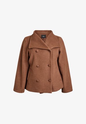 Brown wool blend double-breasted jacket with large buttons, notch collar, and side pockets; textured fabric and relaxed fit.