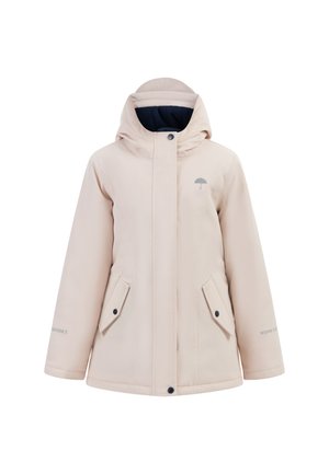 Beige gewatteerde winterjas met capuchon, voorzakken, drukknopen en een klein paraplu-logo op de linkerborst.