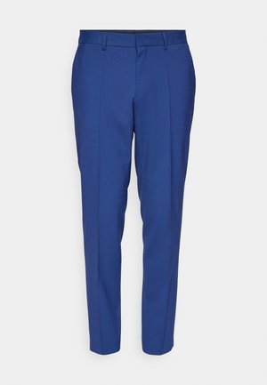 Blue tailored pants made of a smooth fabric, featuring a flat front, two side pockets, and a tapered leg design.