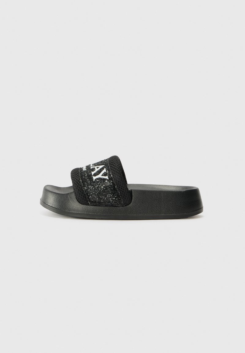 Black slide sandal with a textured rubber sole and a sparkly black fabric strap featuring white lettering across the front.