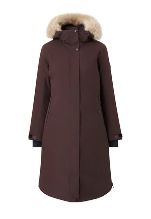 Brauner Parka mit pelzgefütterter Kapuze, Reißverschluss- und Knopfverschluss, Seitentaschen, langen Ärmeln und schwarzen Stoffakzenten an den Manschetten.