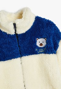 Chaqueta de forro polar con un diseño en bloques de color azul y crema, cuello alto, cierre de cremallera y un oso polar bordado con el texto "Sé salvaje en asombro".