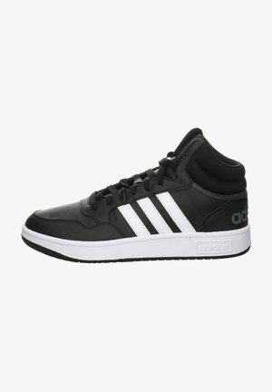High-top black leather sneakers with white stripes, padded collar, and textured rubber sole. Features lace-up closure and logo on heel.