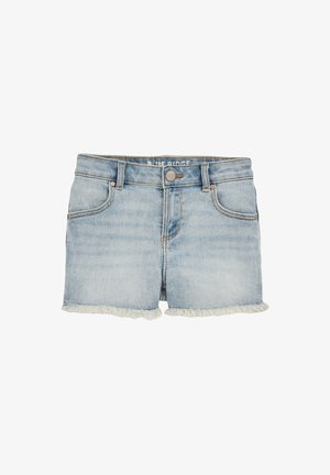 Lyseblå denimshorts med frynset kant, forlukning med knapper, bæltestropper og forlommer.