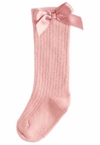 Calzini rosa chiaro fino al ginocchio con texture a costine e un accento di fiocco in satin sulla parte superiore. Materiale morbido, punta arrotondata e finitura liscia.