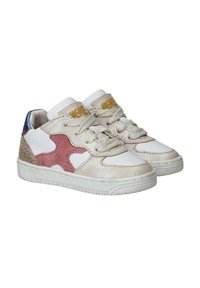 Leren sneakers met roze suède accenten, witte en beige panelen, textuurdetails, ronde neus en rubberen zolen. Voorzien van vetersluiting.