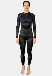 Black full-body wetsuit with blue accents, featuring long sleeves, a high collar, textured panels, and a zippered front design.