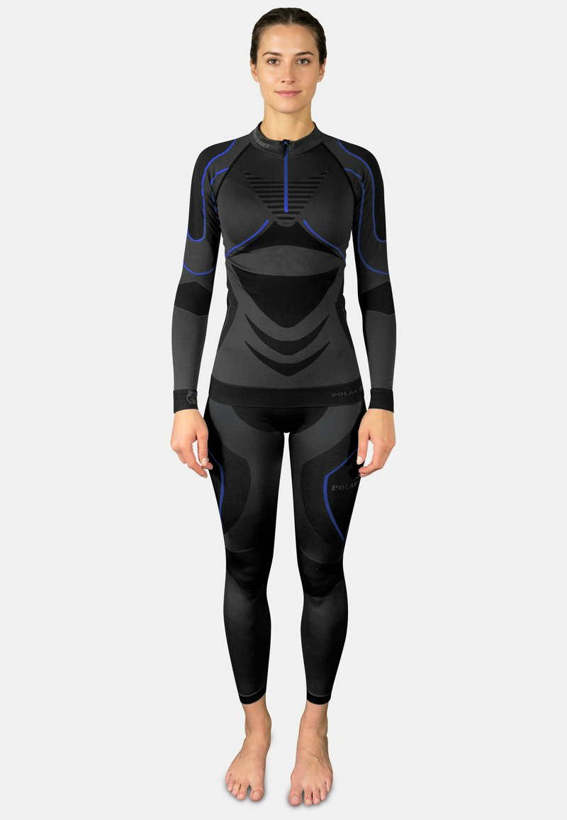 Black full-body wetsuit with blue accents, featuring long sleeves, a high collar, textured panels, and a zippered front design.