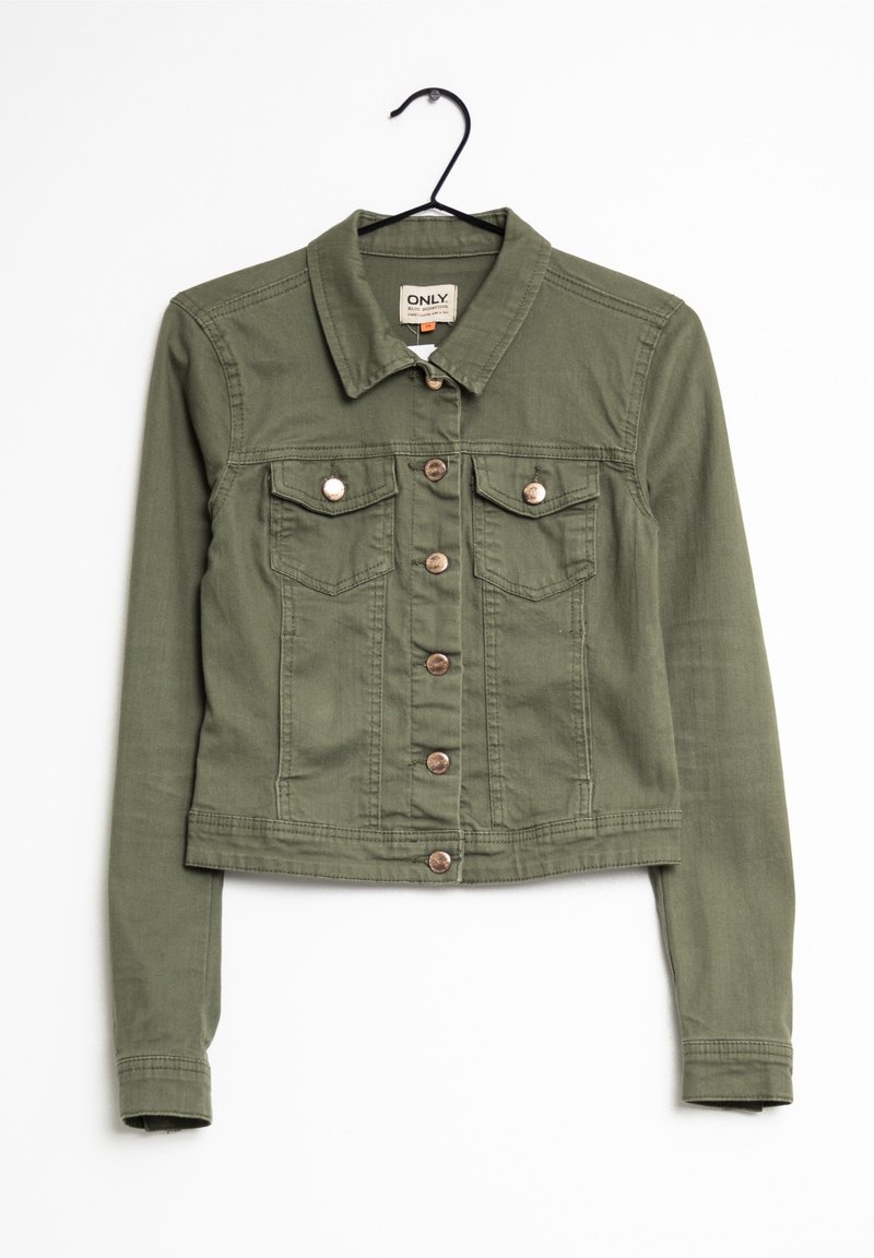 Olive green denim jacket with a collar, buttoned front, two chest pockets, and long sleeves. Features metallic button accents and a cropped design.