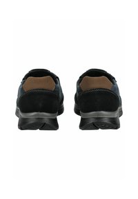 Black and blue suede sneakers with brown accents, featuring a textured rubber sole and streamlined design, viewed from the back.