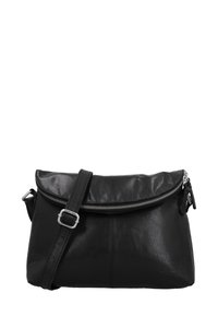 Sort læder crossbody-taske med justerbar rem, sølv lynlåslukning og diskret præget brandlogo i nederste højre hjørne.