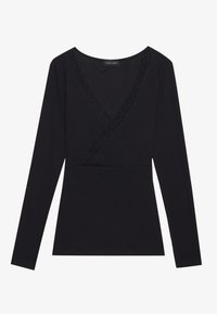 Sort langærmet top med indpakningsdesign, der har en V-halsudskæring trimmet med blonder, lavet af blødt stof med en tætsiddende silhuet.