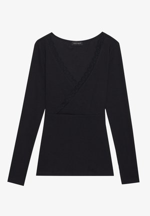 Svart langermet topp med omslagdesign, med V-hals kantet med blonder, laget av mykt stoff med en tettsittende silhuett.