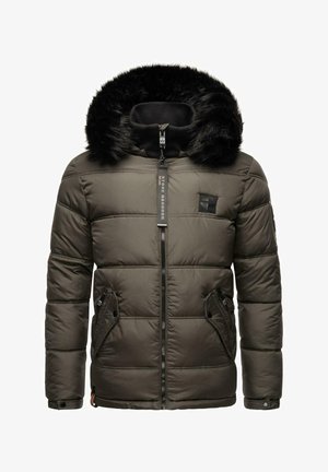 Polstret vinterjakke i mørkegrønn med avtakbar hette i svart faux pels. Har glidelås foran og sidelommer, ribbestrikkede mansjetter og quiltet design.