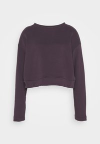 Sweatshirt corto viola con maniche lunghe, collo ampio e tessuto morbido. Presenta un colore uniforme e un design alla moda e rilassato.