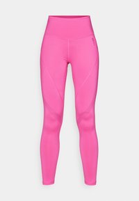 Ružaste leggingse z visokim pasom, izdelane iz raztegljive tkanine, ki imajo gladko teksturo in ukrivljene stranske šive za prilegajoč silhuet.