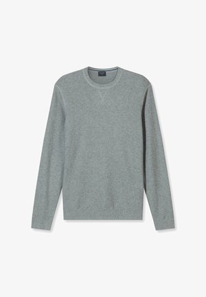 Lichtgrijze trui met lange mouwen en ronde hals, met subtiele geribbelde boorden aan de mouwen en zoom, en een klein gestikt detail onder de halslijn.