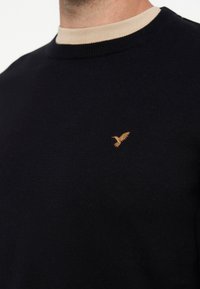 Mand iført en sort sweater med en lille guldfugl-emblem på brystet og en beige t-shirt med rund hals under.