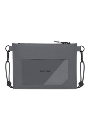 Szara torba na ramię wykonana z gładkiego, trwałego materiału, z zamkiem błyskawicznym na górze oraz przezroczystą przednią kieszenią z logo.