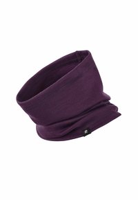 Gaiter tubolare viola realizzato in tessuto morbido con una superficie liscia, dotato di un'etichetta con logo su un lato. Design flessibile e leggero.