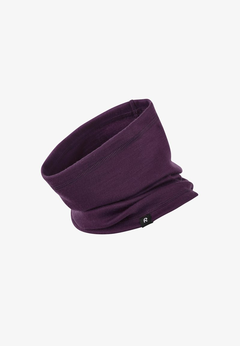 Paarse buisvormige nekwarmer van zacht stof met een gladde textuur, voorzien van een logotag aan één kant. Flexibel en lichtgewicht ontwerp.