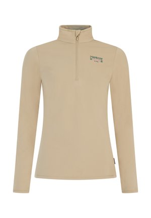 Beige Fleece-Oberteil mit langen Ärmeln und einem halben Reißverschluss am Hals. Verfügt über ein kleines grünes Logo auf der Brust und eine glatte Textur. Ideal zum Layering.