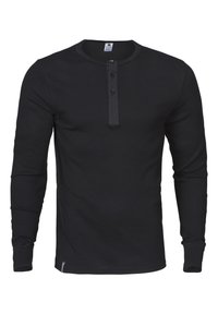 Svart langermet skjorte med rund hals, to-knapp placket og tettsittende mansjetter, laget av et glatt stoff. Minimal merkevare på kanten.