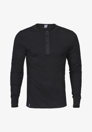 Svart langermet skjorte med rund hals, to-knapp placket og tettsittende mansjetter, laget av et glatt stoff. Minimal merkevare på kanten.