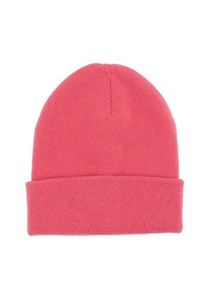 Soft pink knitted beanie hat with a folded brim, displayed flat on a white background.