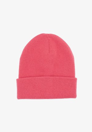Soft pink knitted beanie hat with a folded brim, displayed flat on a white background.
